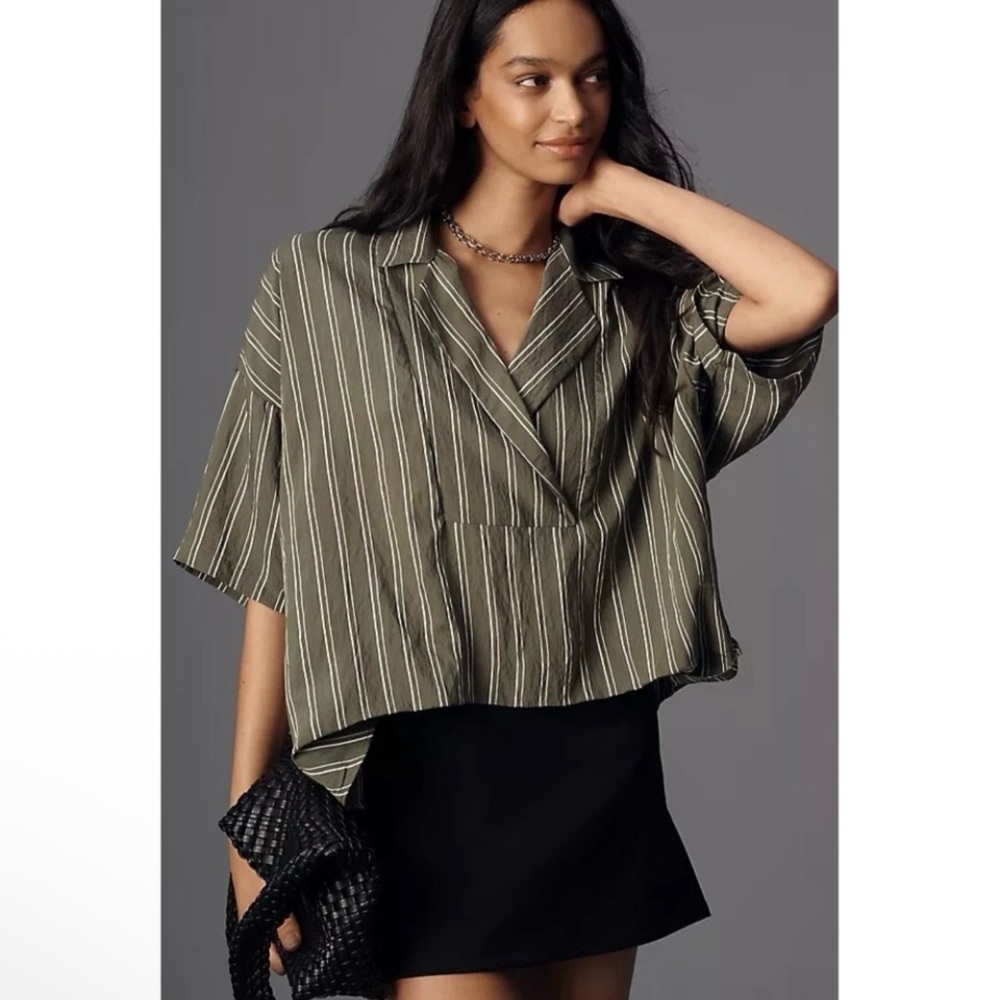 Anthropologie The Dylon Short Sleeve Wide Placket Blouse Green Stripe Large - Picture 2 of 15
